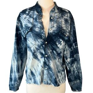 OLIVER LOGAN Tie Dyed Raw Hem Denim button up shirt